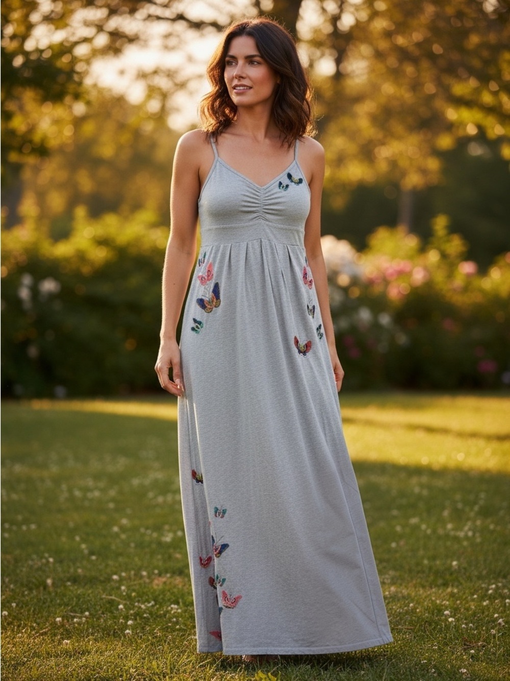 Johnny Was Light Gray Maxi Dress with Multicolor Butterfly Embroidery